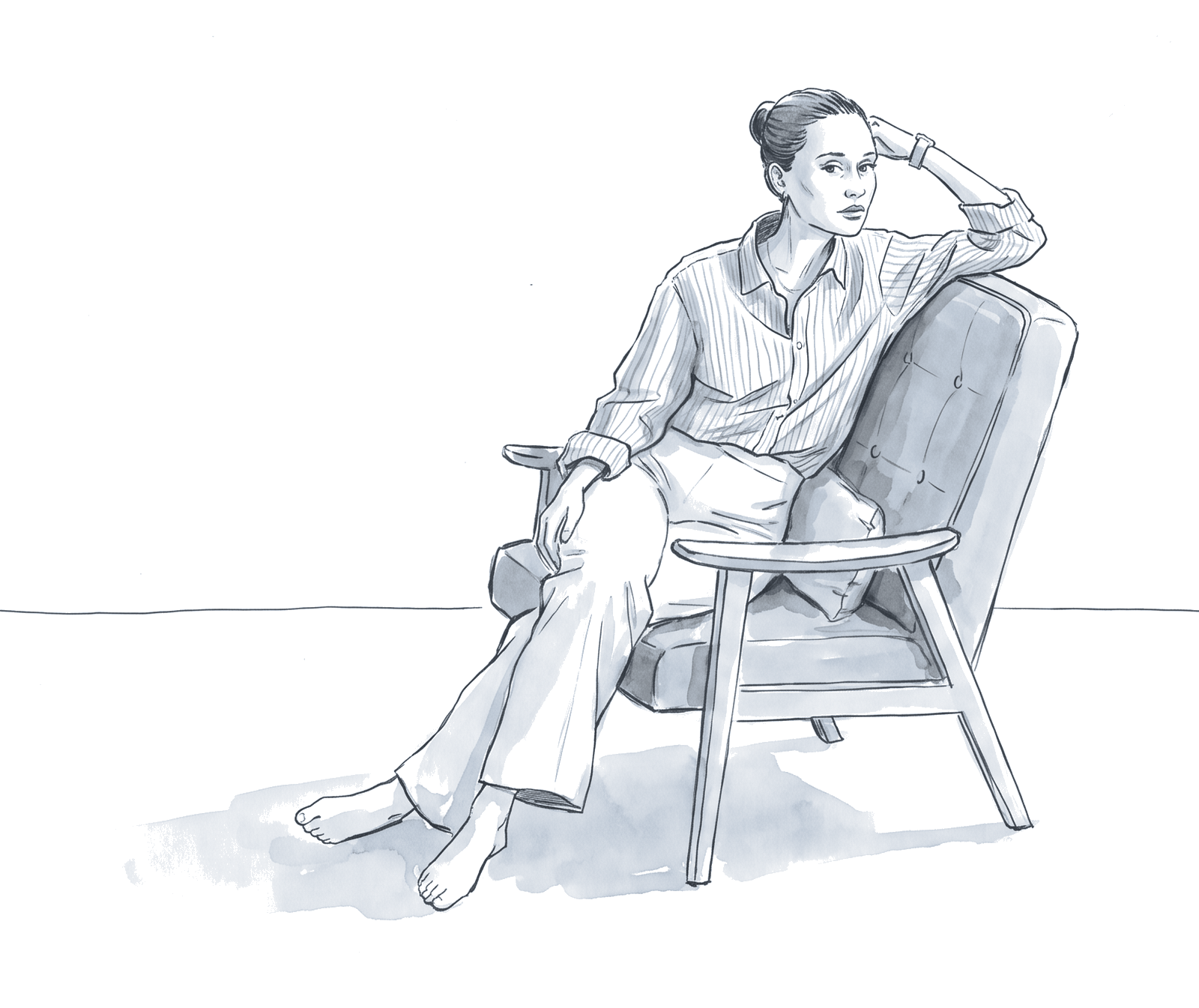 Ink drawing of a woman relaxed in an armchair, one hand resting against her head