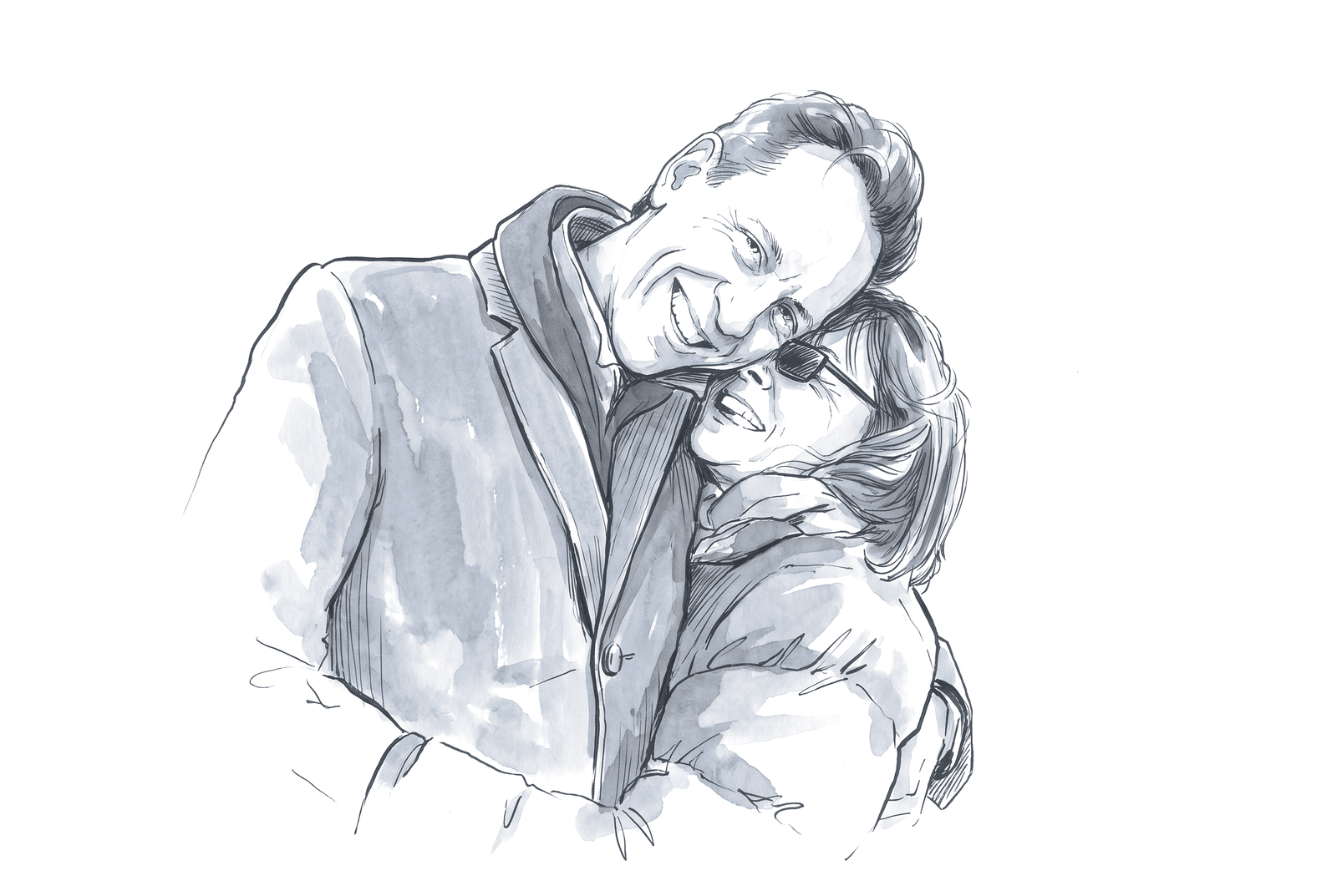 Ink drawing of Richard E. Grant and his wife embracing, cheek to cheek, both smiling