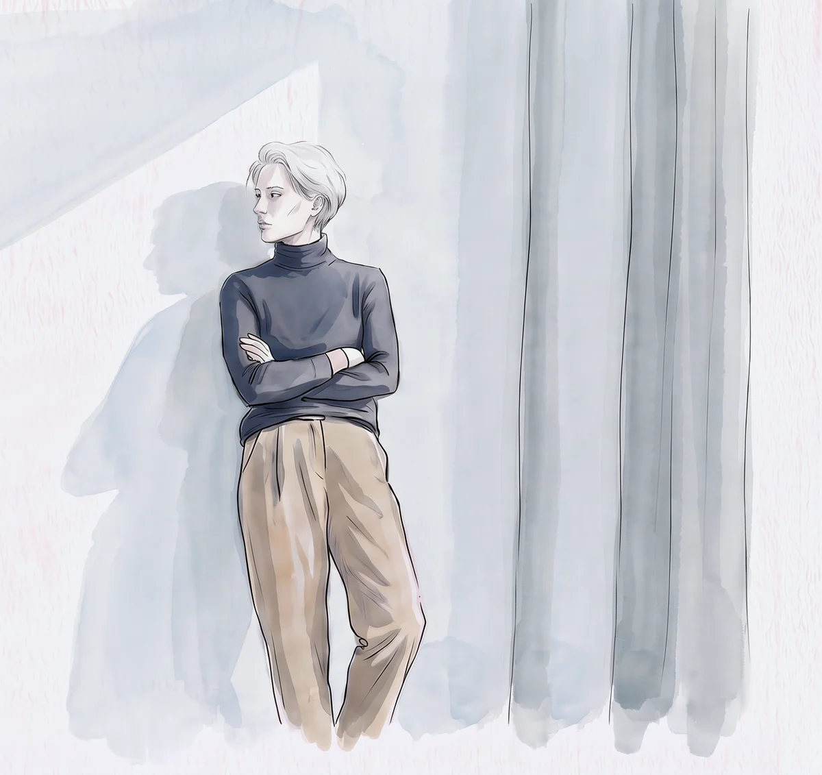 Ink and watercolour drawing of a person leaning against a pale wall, arms crossed, looking towards the light