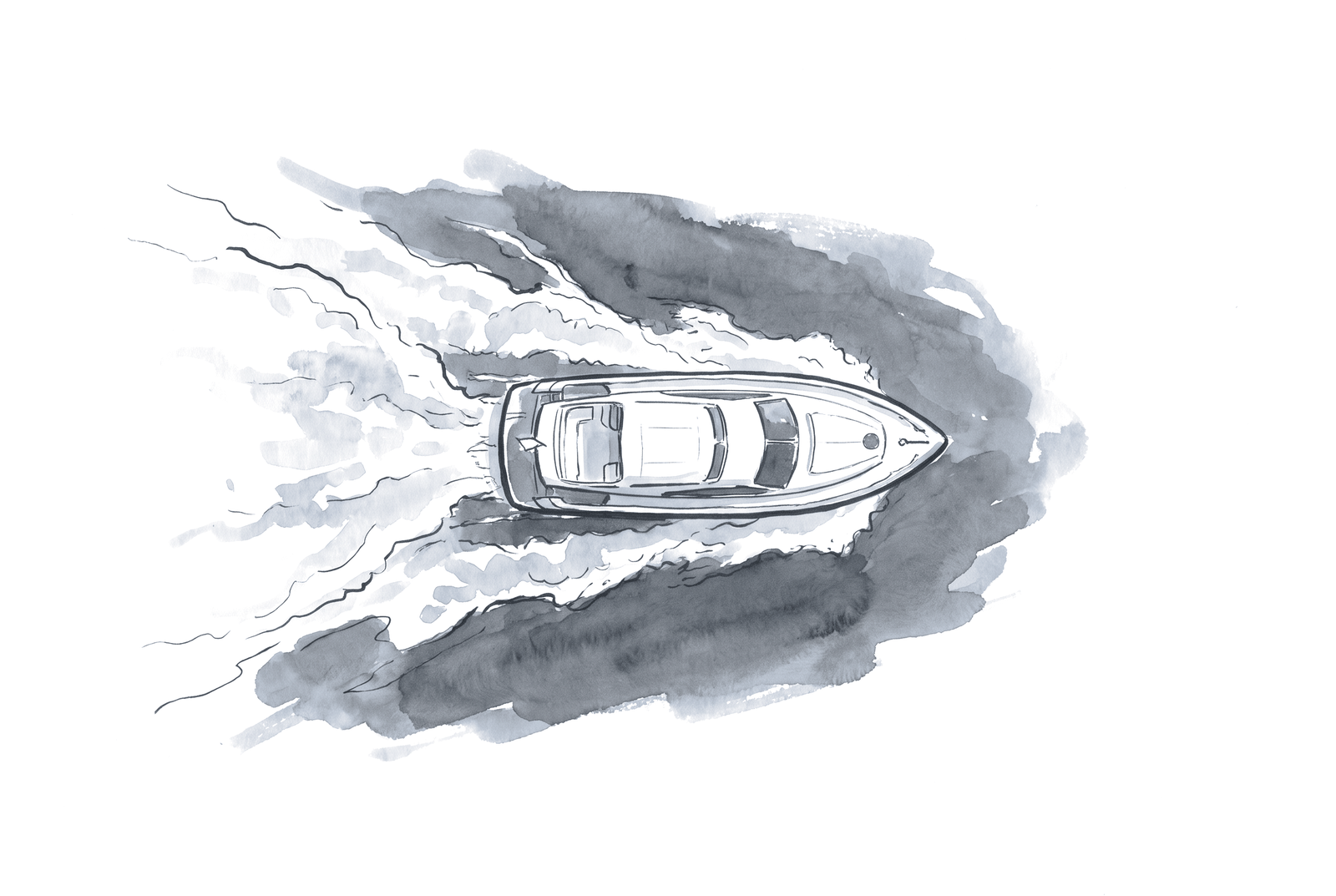 Ink drawing of a motor yacht seen from above, trailing a wide wake